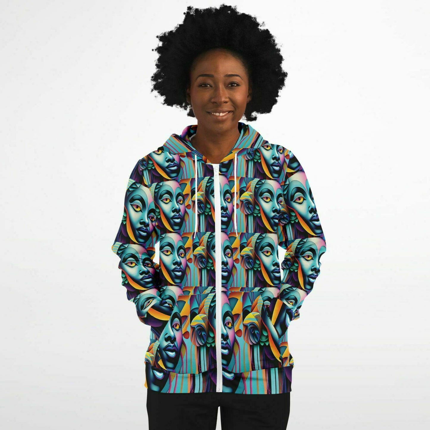 Fashion Zip-Up Hoodie - AOP Kukloso Cubist Faces No 2 - Free Shipping