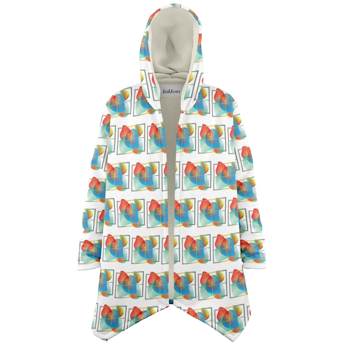 Microfleece Cloak - AOP Kukloso Whimsical No 50 Abstract shapes Aqua, Green, Orange on White - Free Shipping