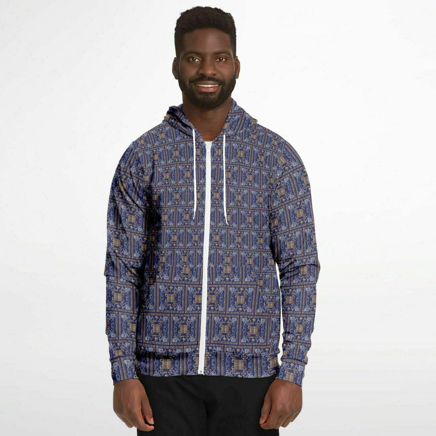 Fashion Zip-Up Hoodie - AOP Kukloso Greek Border No 41 No 2 Carpe Diem, Gold & Silver on Navy - Free Shipping
