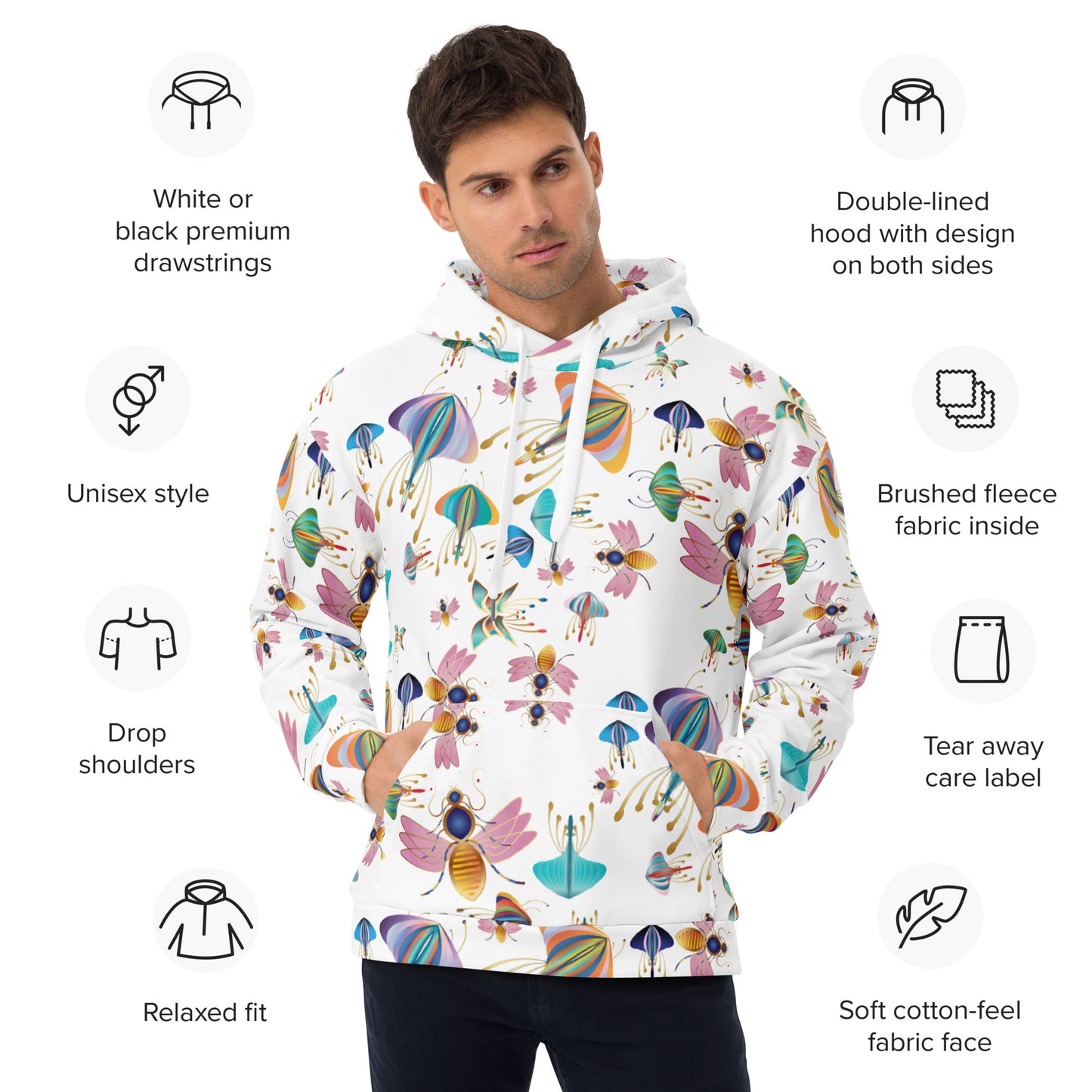 Unisex Hoodie Kukloso Bees, Moths, Butterflies Small Pattern - Free Shipping