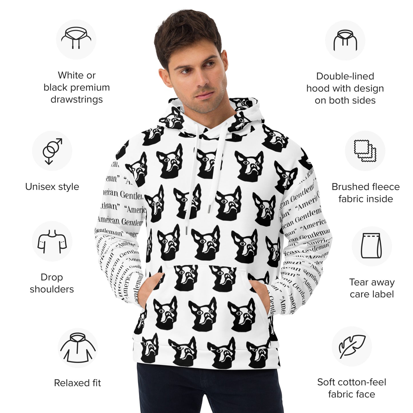 Unisex Hoodie Kukloso Boston Terrier Dog ' American Gentleman' Pattern - Free Shipping