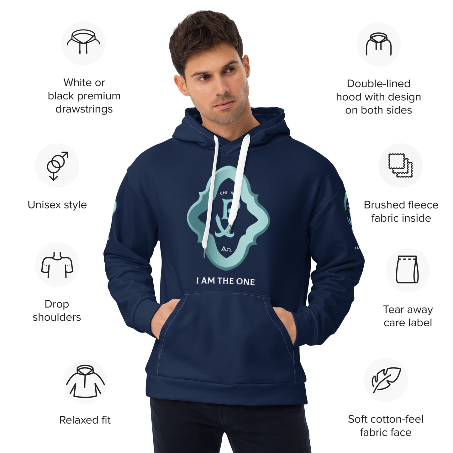 Unisex Hoodie Kukloso Chi Ro PX Christogram, I Am The One No 3 Navy - Free Shipping