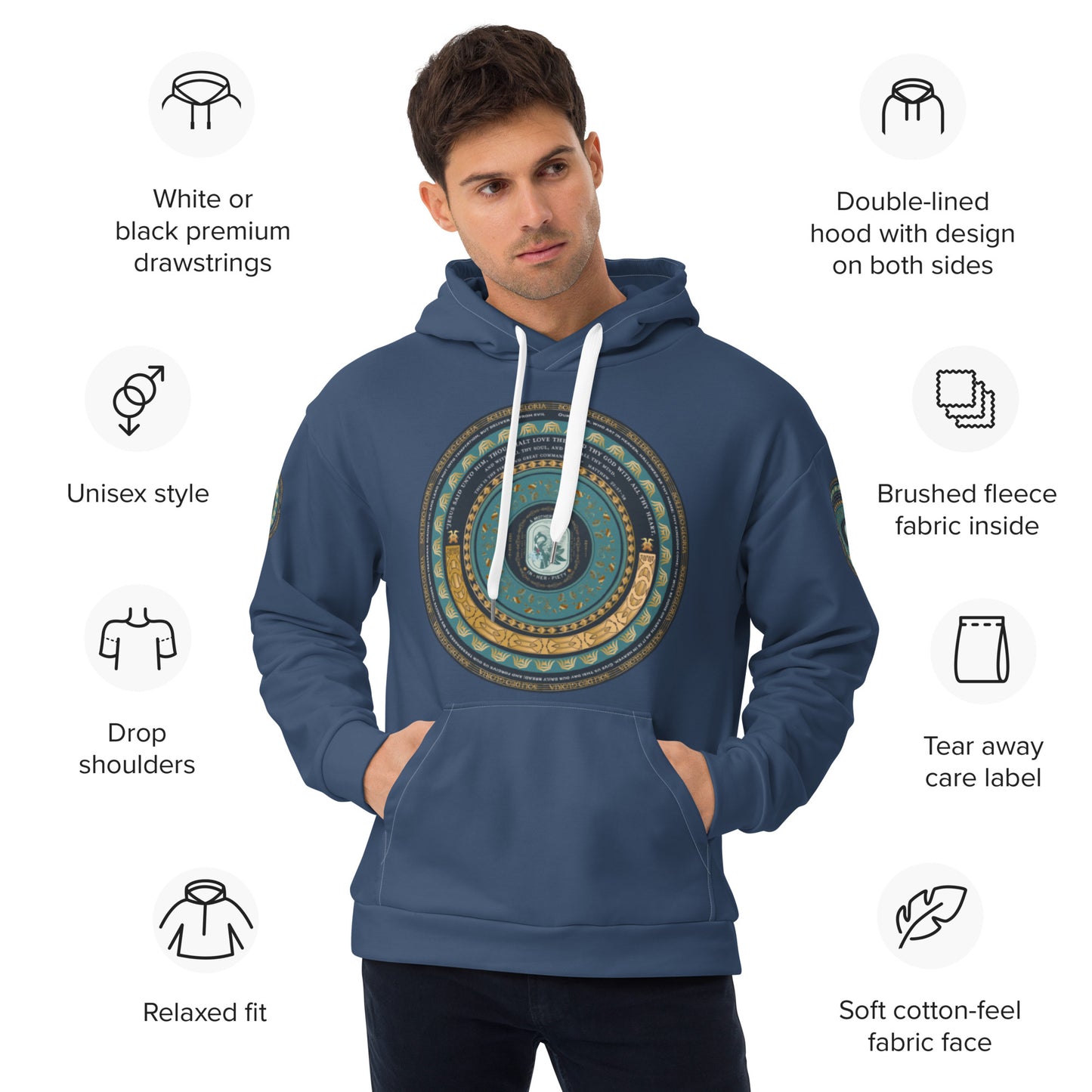 Unisex Hoodie Kukloso Catholic symbol of 'The Vulning Pelican', Various Bible Quotes - Heather Blue - Free Shipping