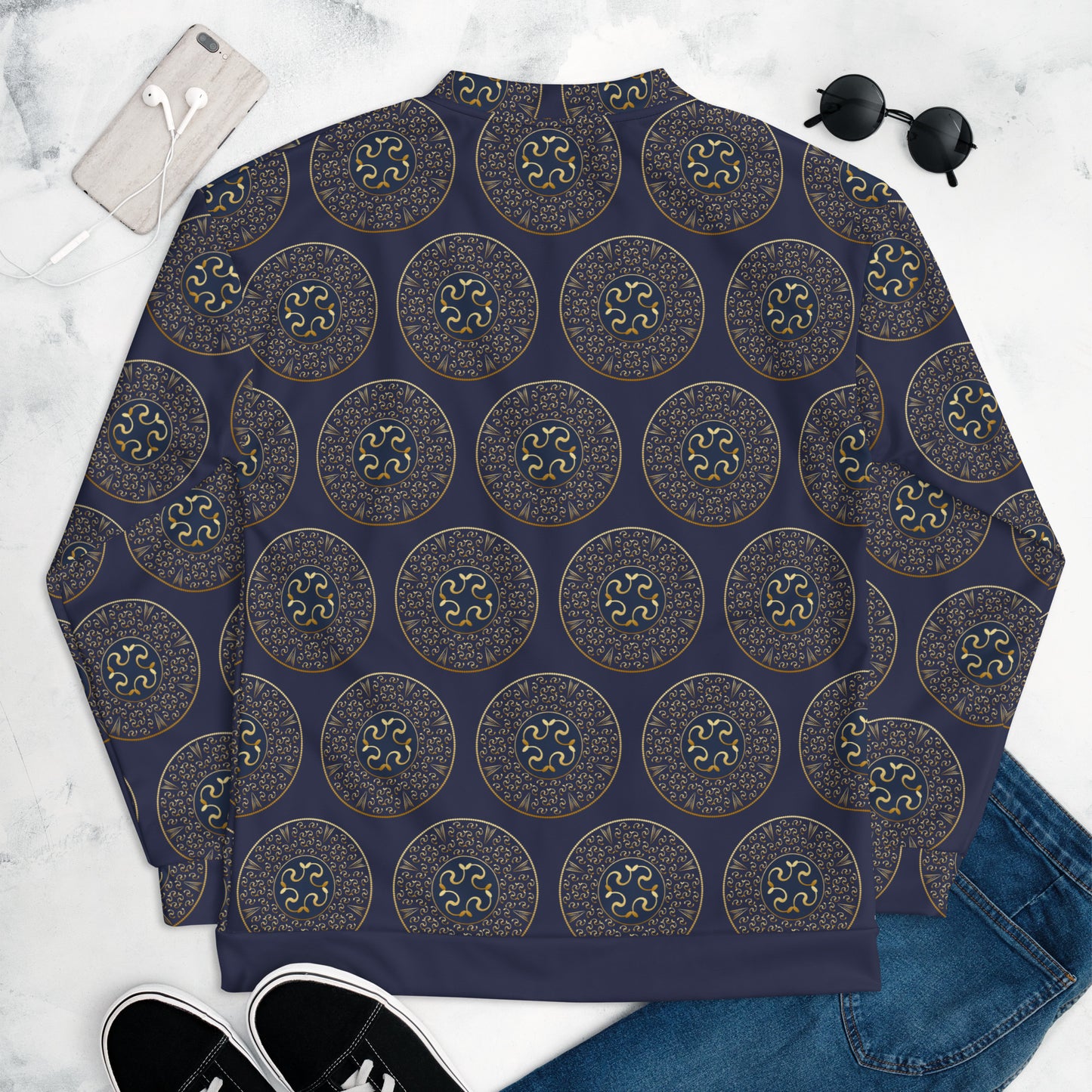 Unisex Bomber Jacket Kukloso Mandala No 57 A Gold on Navy Free Shipping