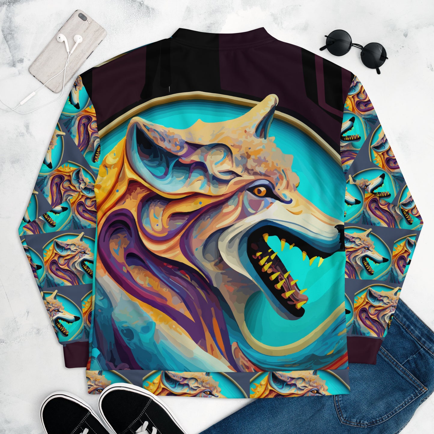 Unisex Bomber Jacket Kukloso Wolves in Liquid Color No 2 - Free Shipping