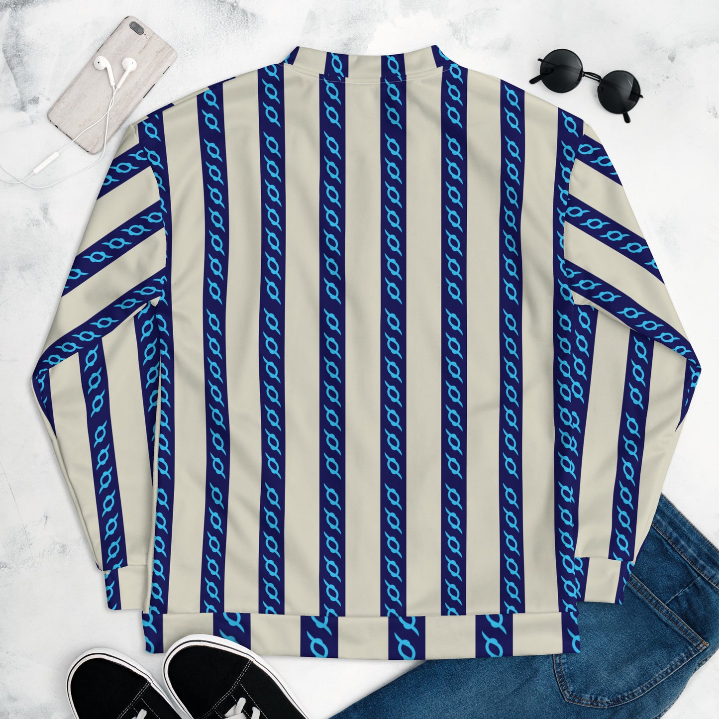 Unisex Bomber Jacket Kukloso Fleuron Stripe No 3 Navy/Cream - Free Shipping