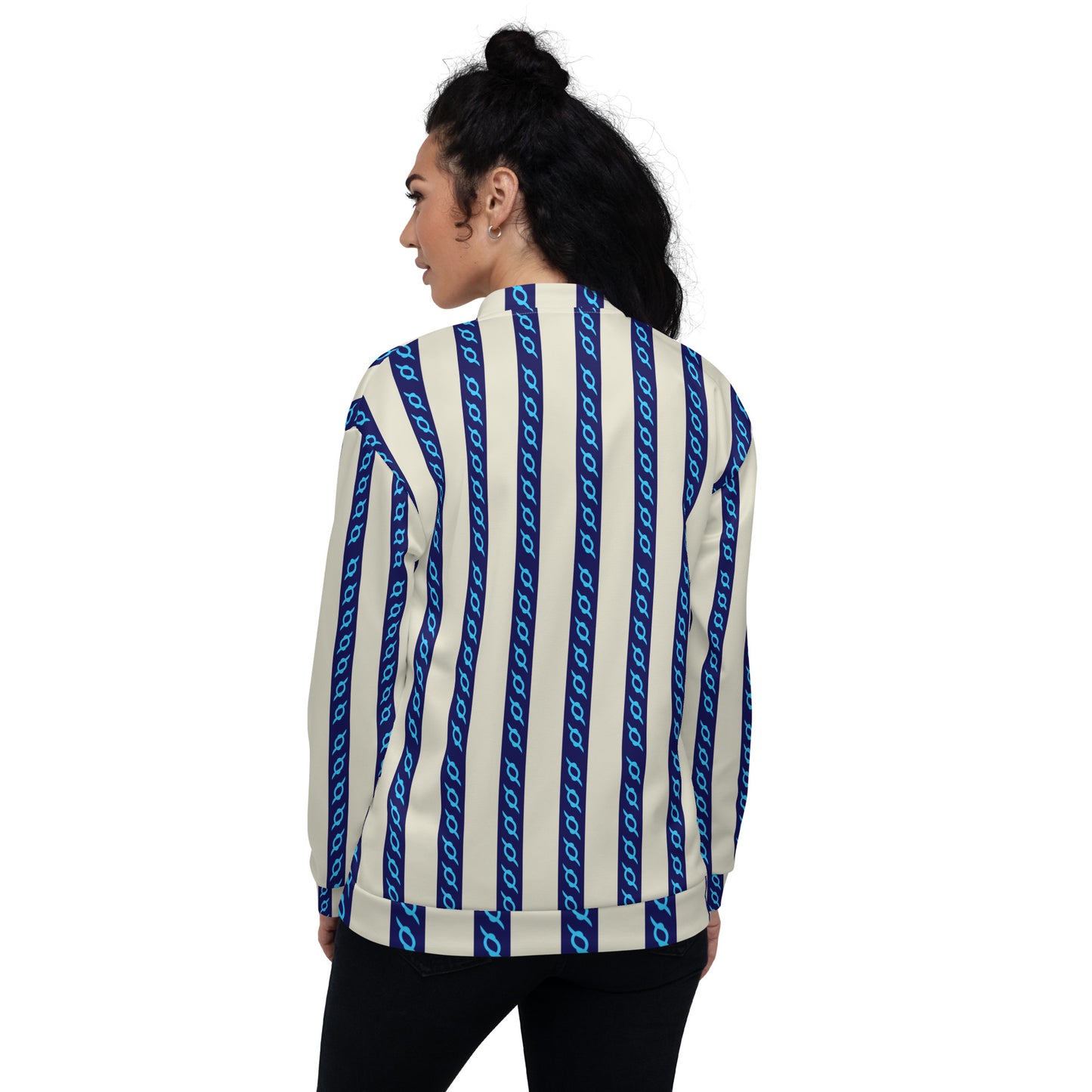 Unisex Bomber Jacket Kukloso Fleuron Stripe No 3 Navy/Cream - Free Shipping