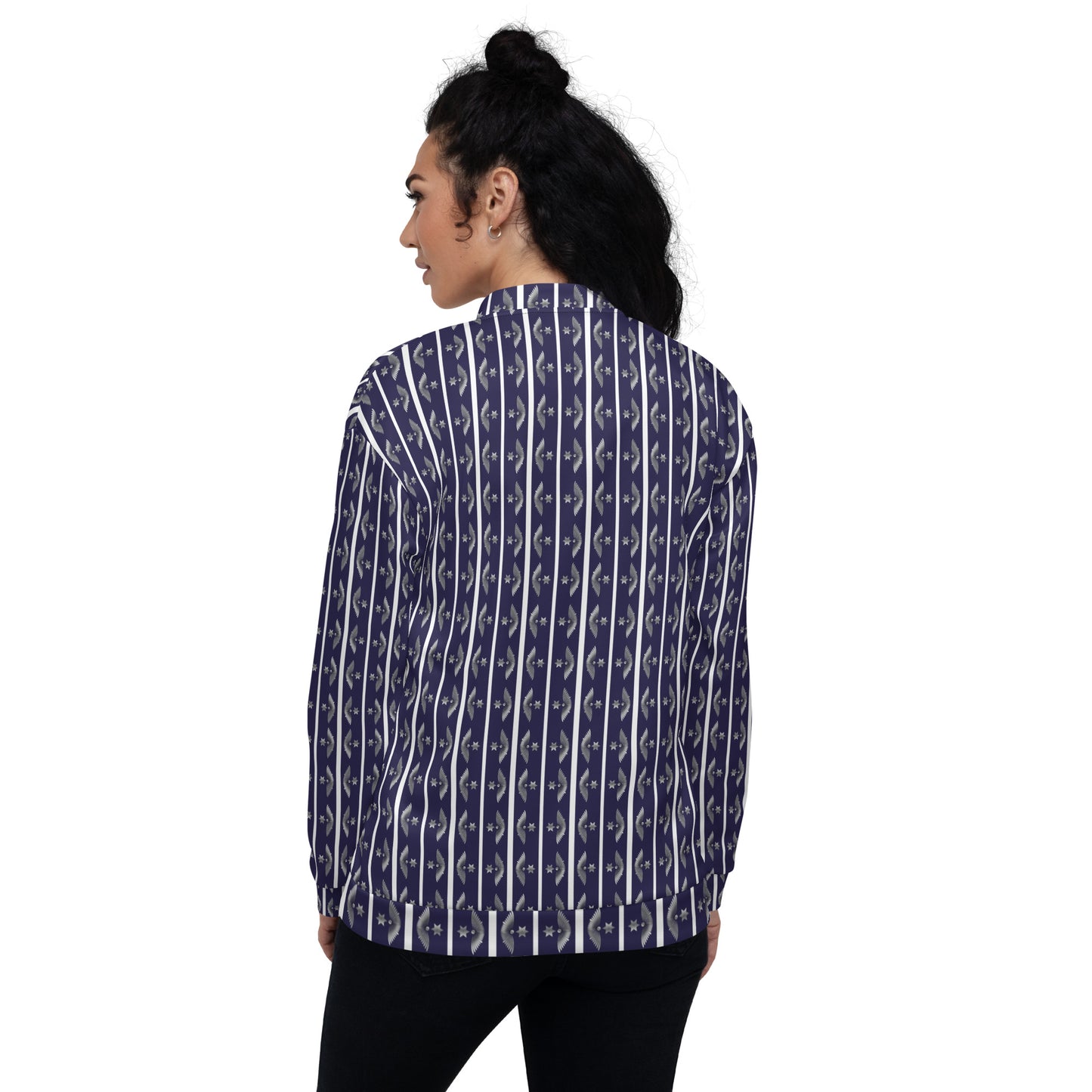Unisex Bomber Jacket Kukloso Fleuron Stripe No 10 Silver/Navy - Free Shipping