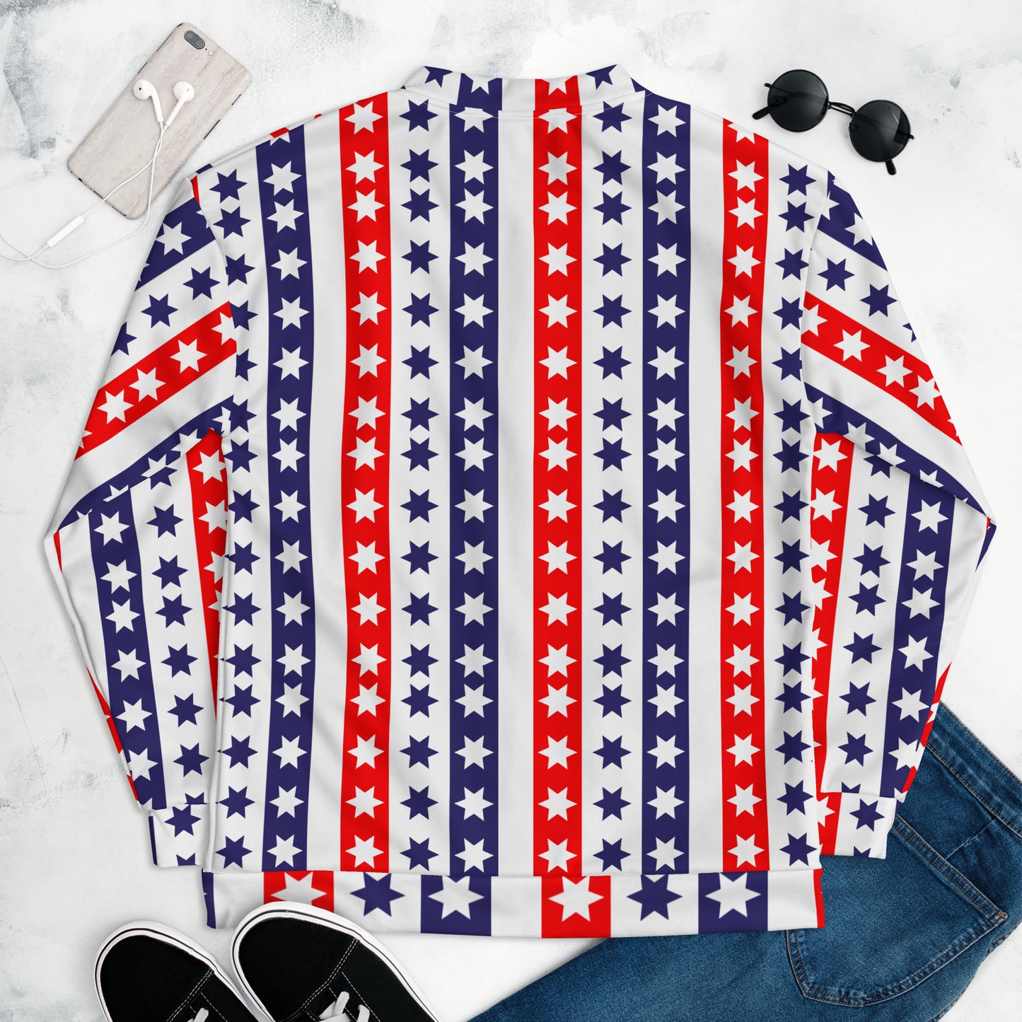 Unisex Bomber Jacket Kukloso Fleuron Stripe Stars No 11 Red/White/Navy - Free Shipping