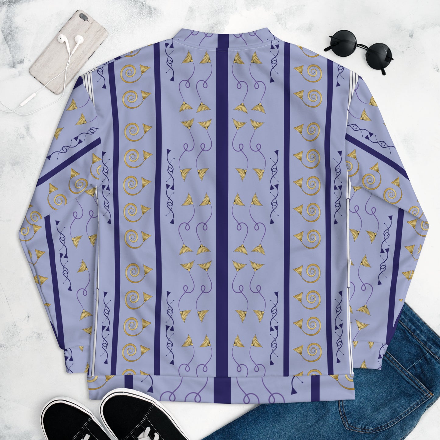 Unisex Bomber Jacket Kukloso Fleuron Stripe No 27 Gold/PaleBlue/Navy - Free Shipping