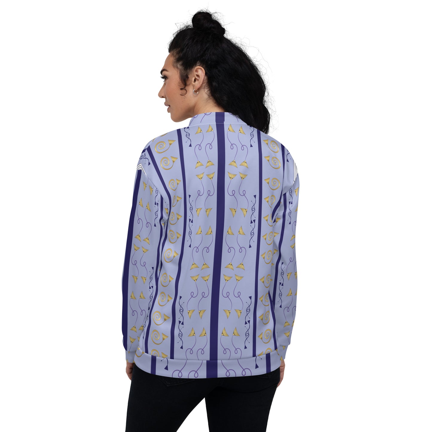 Unisex Bomber Jacket Kukloso Fleuron Stripe No 27 Gold/PaleBlue/Navy - Free Shipping