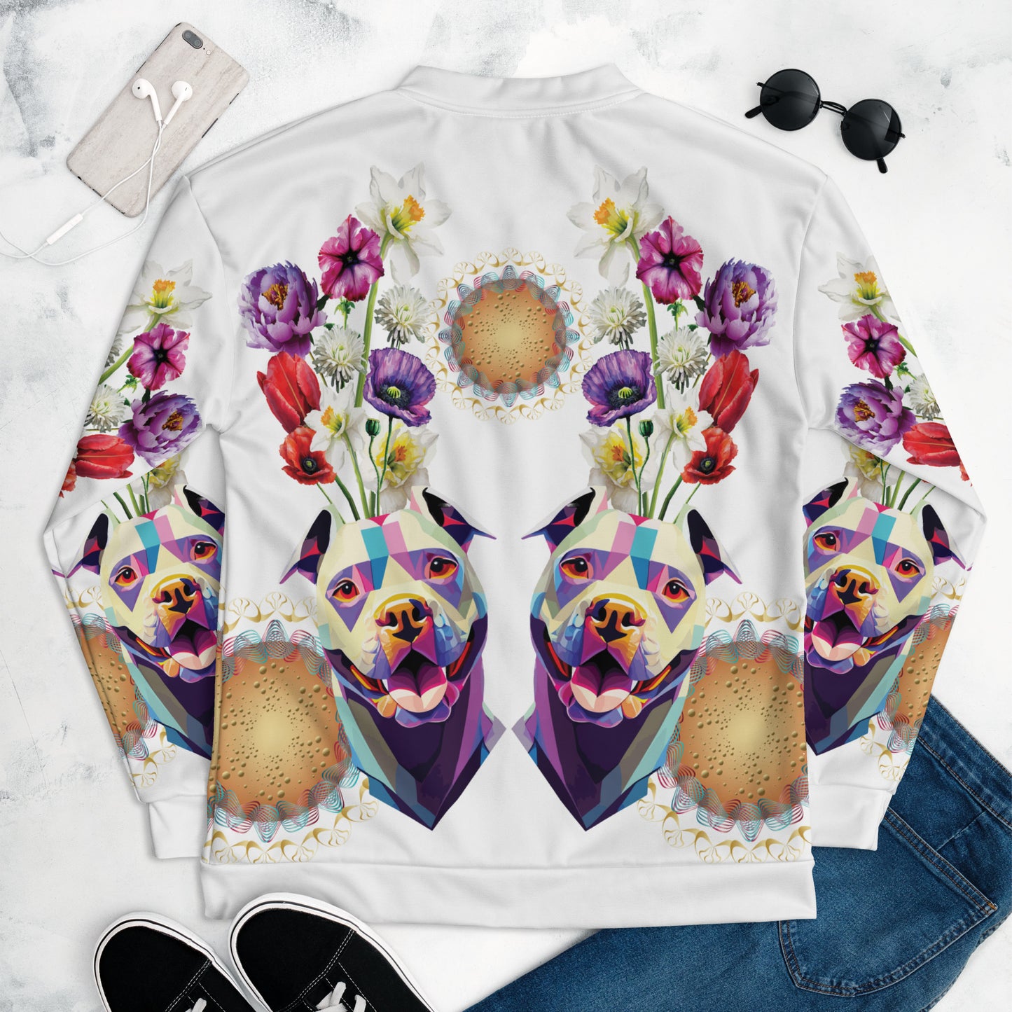 Unisex Bomber Jacket Kukloso Melange de fleur w/Dog No 2 - Free Shipping