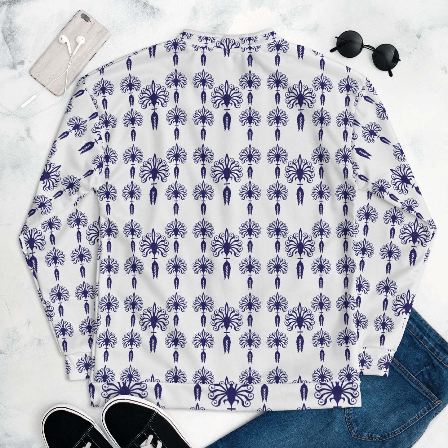 Unisex Bomber Jacket Kukloso Five Fleurons - Navy on White - Free Shipping