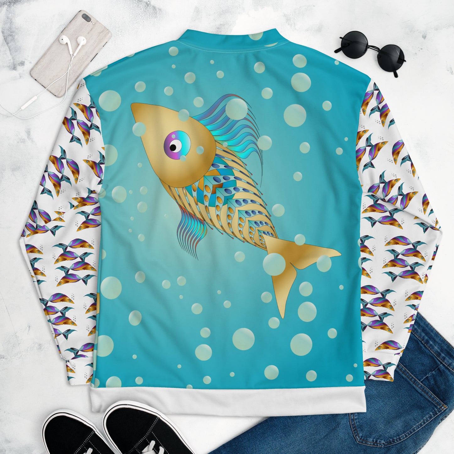 Unisex Bomber Jacket Kukloso MD Golden Fish Collage Pattern - Free Shipping
