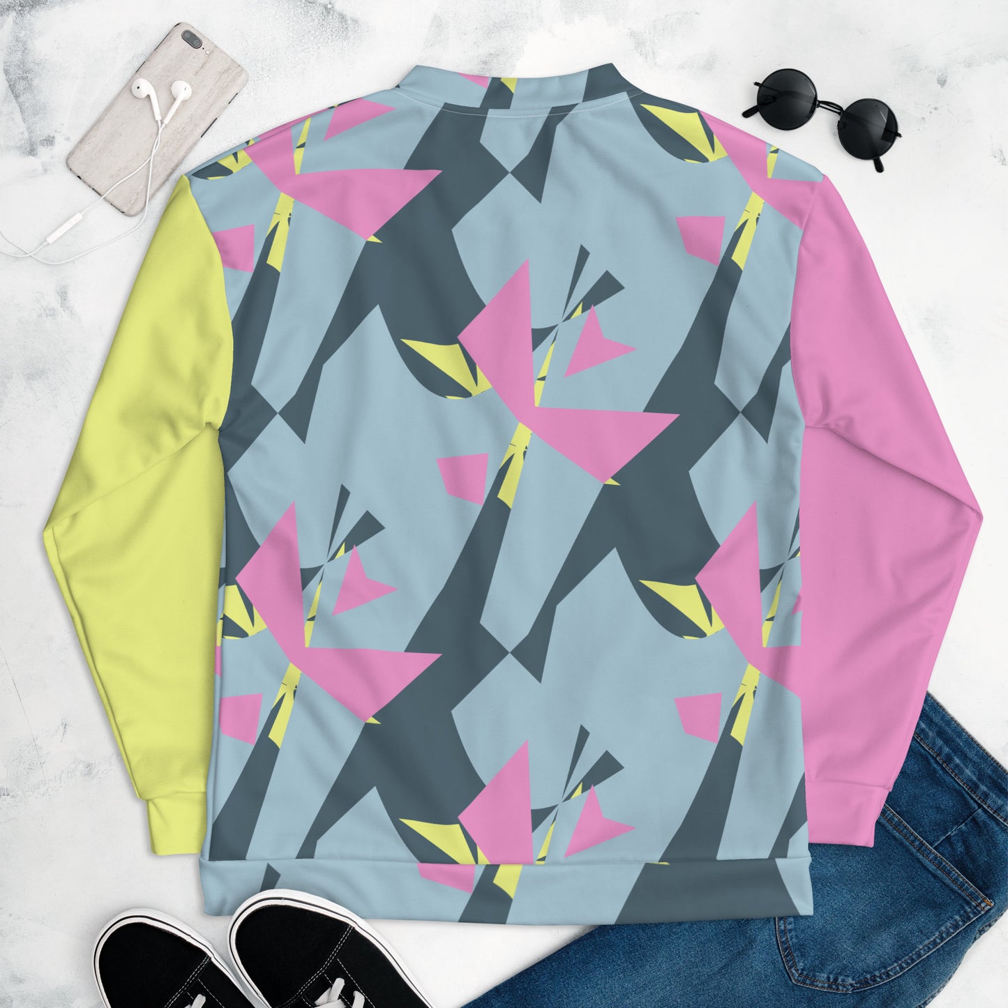 Unisex Bomber Jacket Kukloso Pink/Yellow Abstract Collage No 1 - Free Shipping