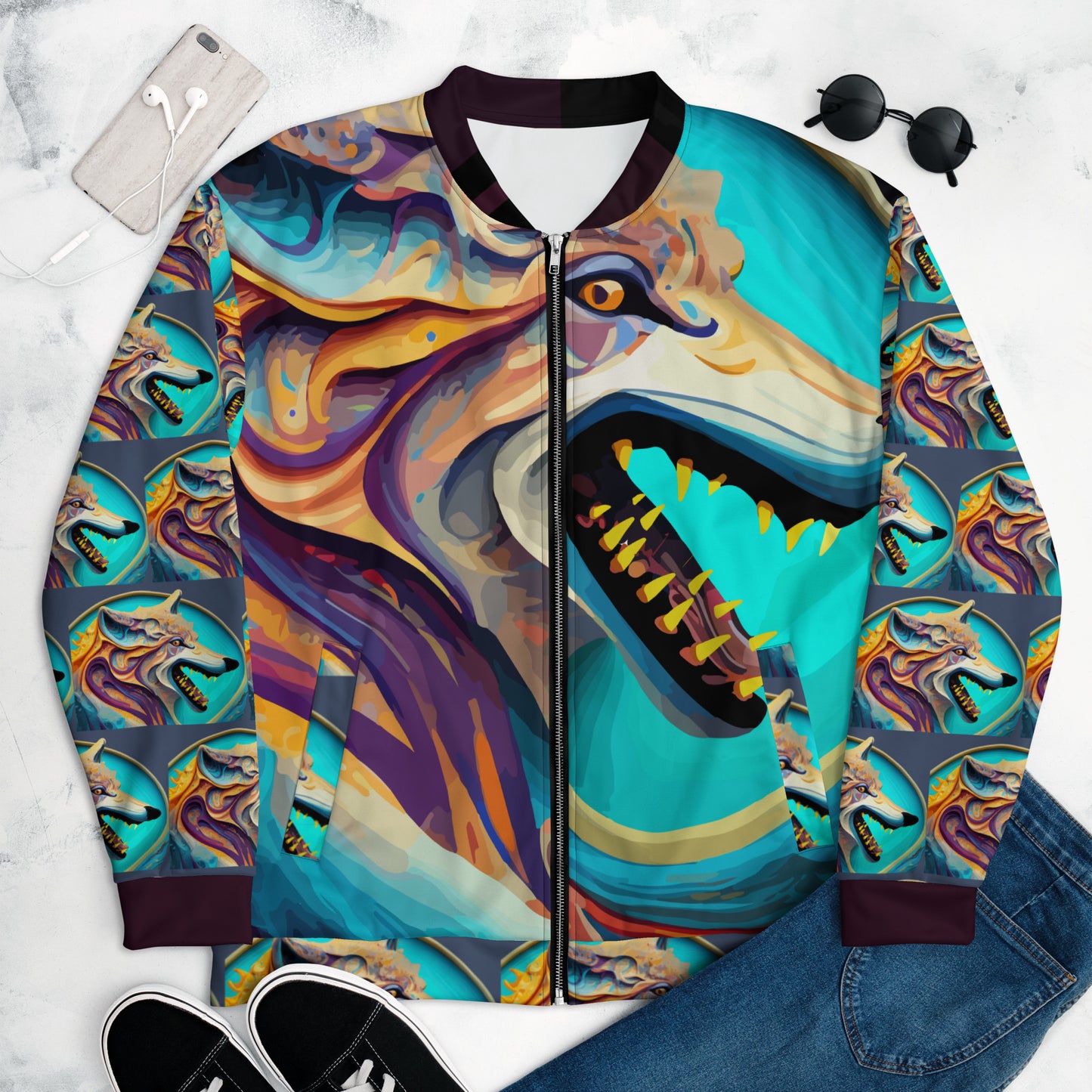 Unisex Bomber Jacket Kukloso Wolves in Liquid Color No 2 - Free Shipping