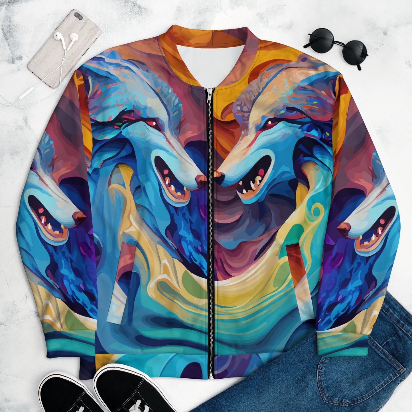 Unisex Bomber Jacket Kukloso Wolves in Liquid Color No 3 - Free Shipping