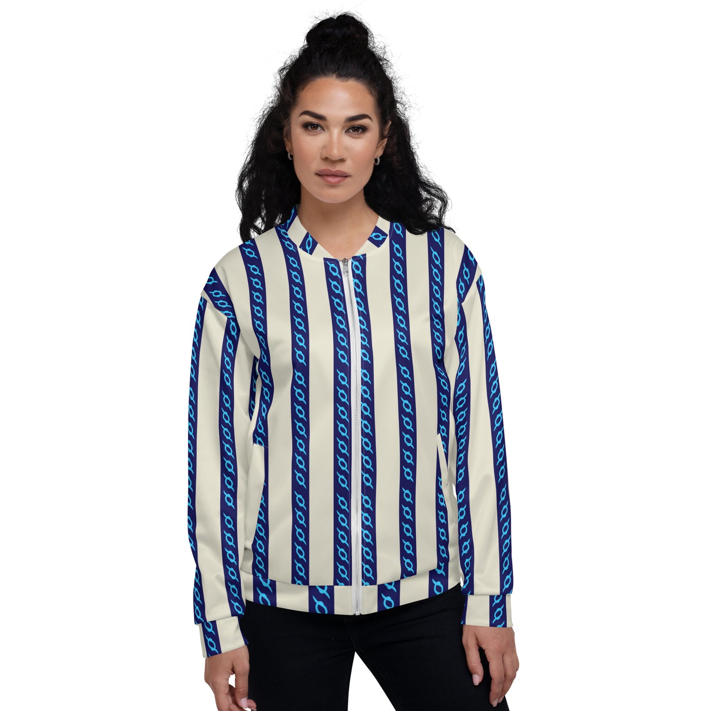 Unisex Bomber Jacket Kukloso Fleuron Stripe No 3 Navy/Cream - Free Shipping