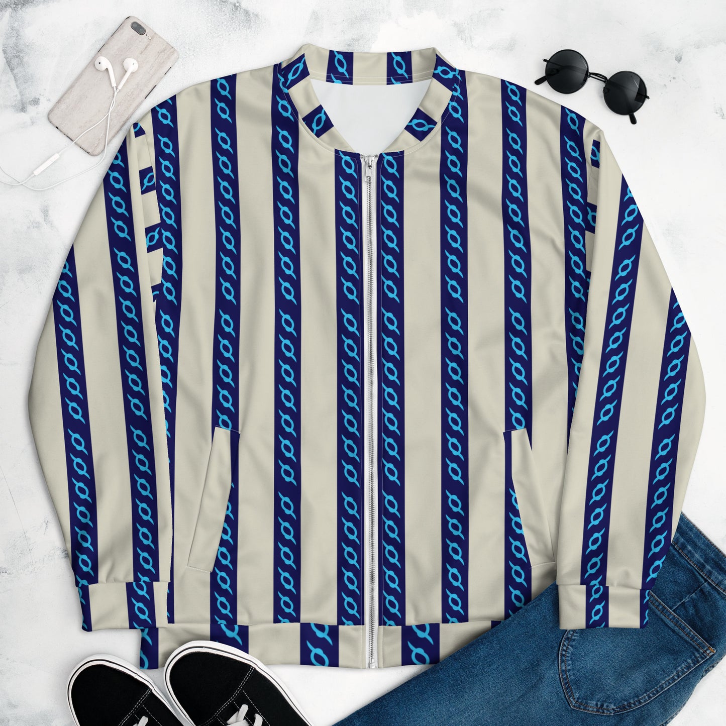 Unisex Bomber Jacket Kukloso Fleuron Stripe No 3 Navy/Cream - Free Shipping