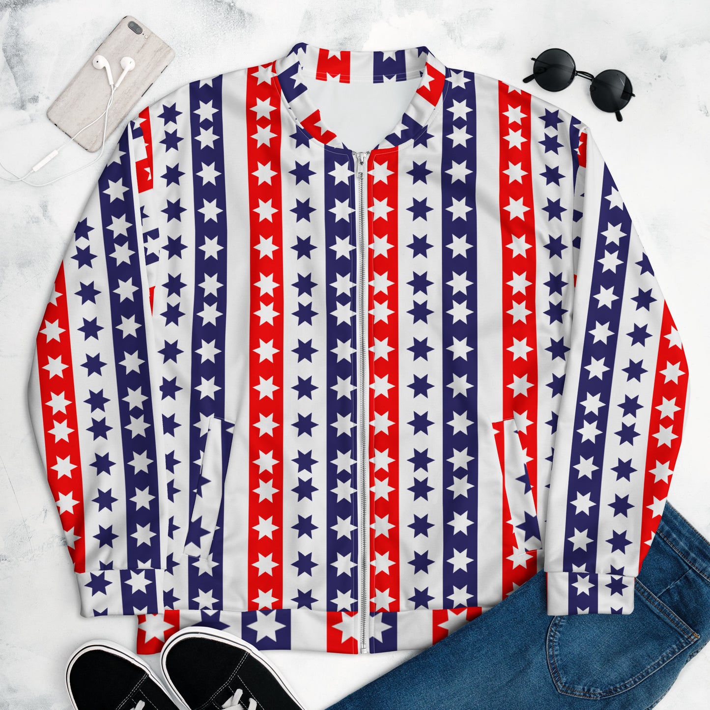 Unisex Bomber Jacket Kukloso Fleuron Stripe Stars No 11 Red/White/Navy - Free Shipping