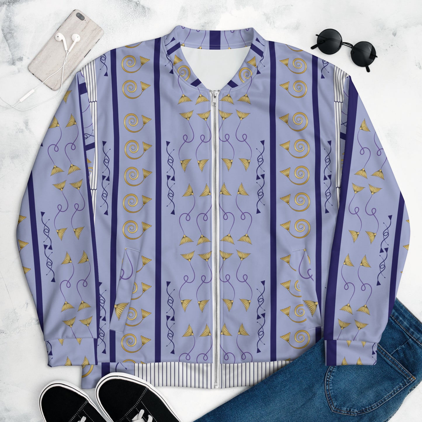 Unisex Bomber Jacket Kukloso Fleuron Stripe No 27 Gold/PaleBlue/Navy - Free Shipping