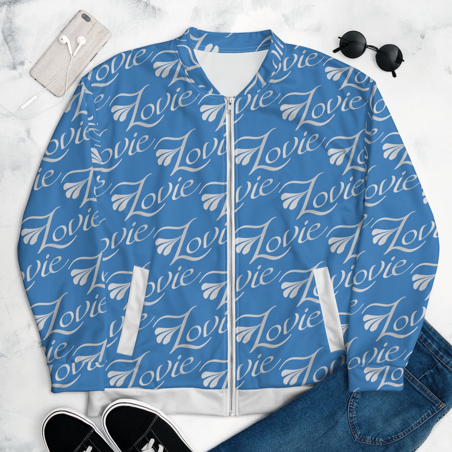 Unisex Bomber Jacket Kukloso 'Lovie' Collage No 2 lg Blue lrg pattern - Free Shipping