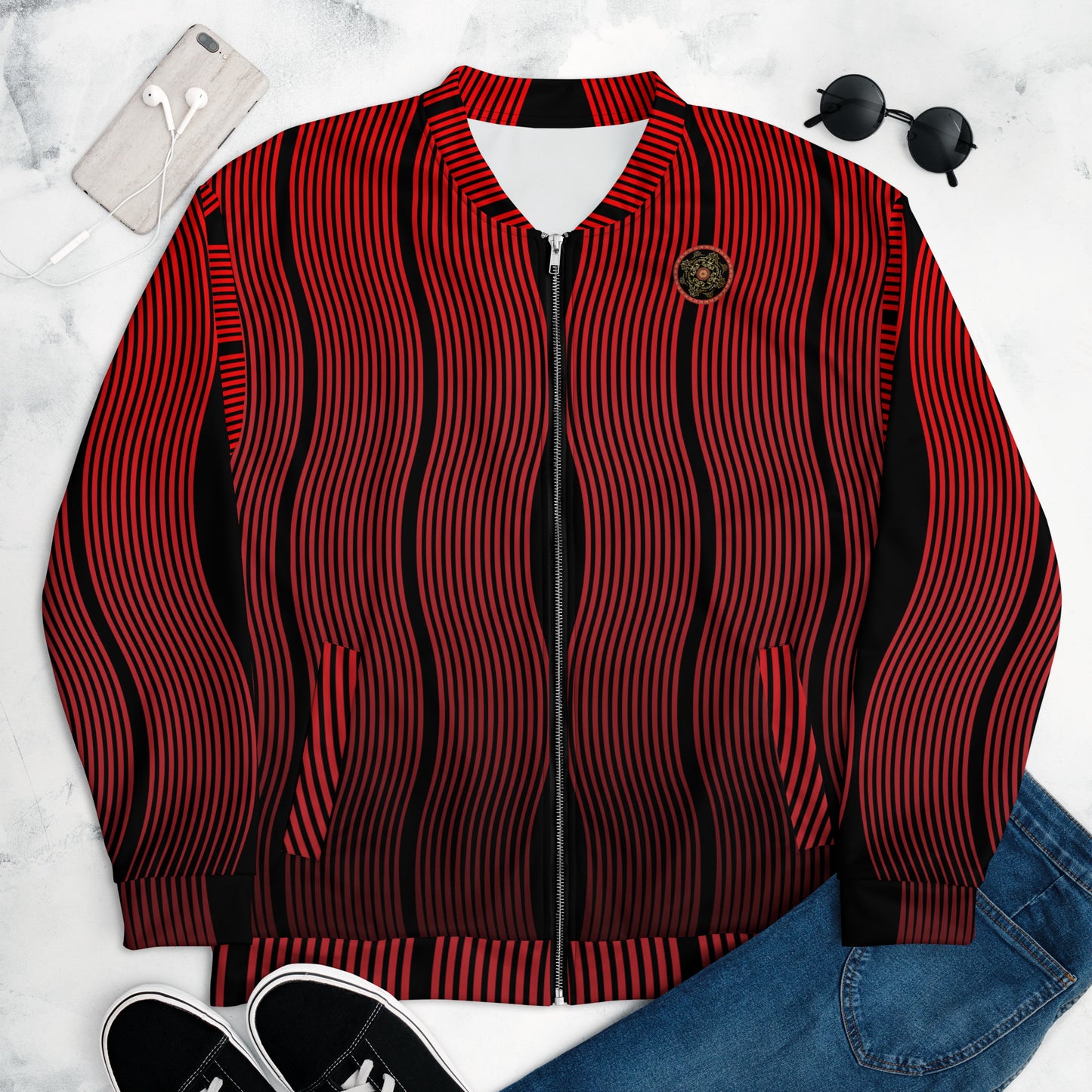 Unisex Bomber Jacket Kukloso Red Stripes No 1 - Free Shipping