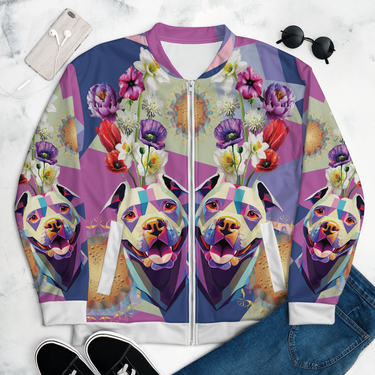 Unisex Bomber Jacket Kukloso Melange de fleur w/Dog No 1 - Free Shipping