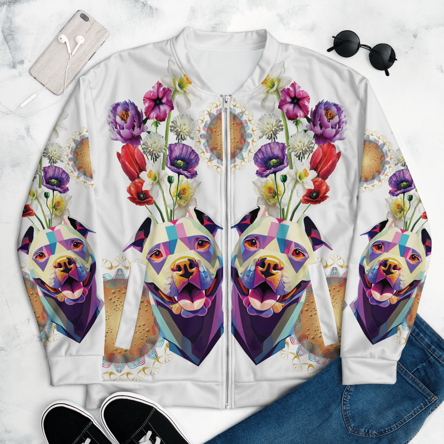 Unisex Bomber Jacket Kukloso Melange de fleur w/Dog No 2 - Free Shipping