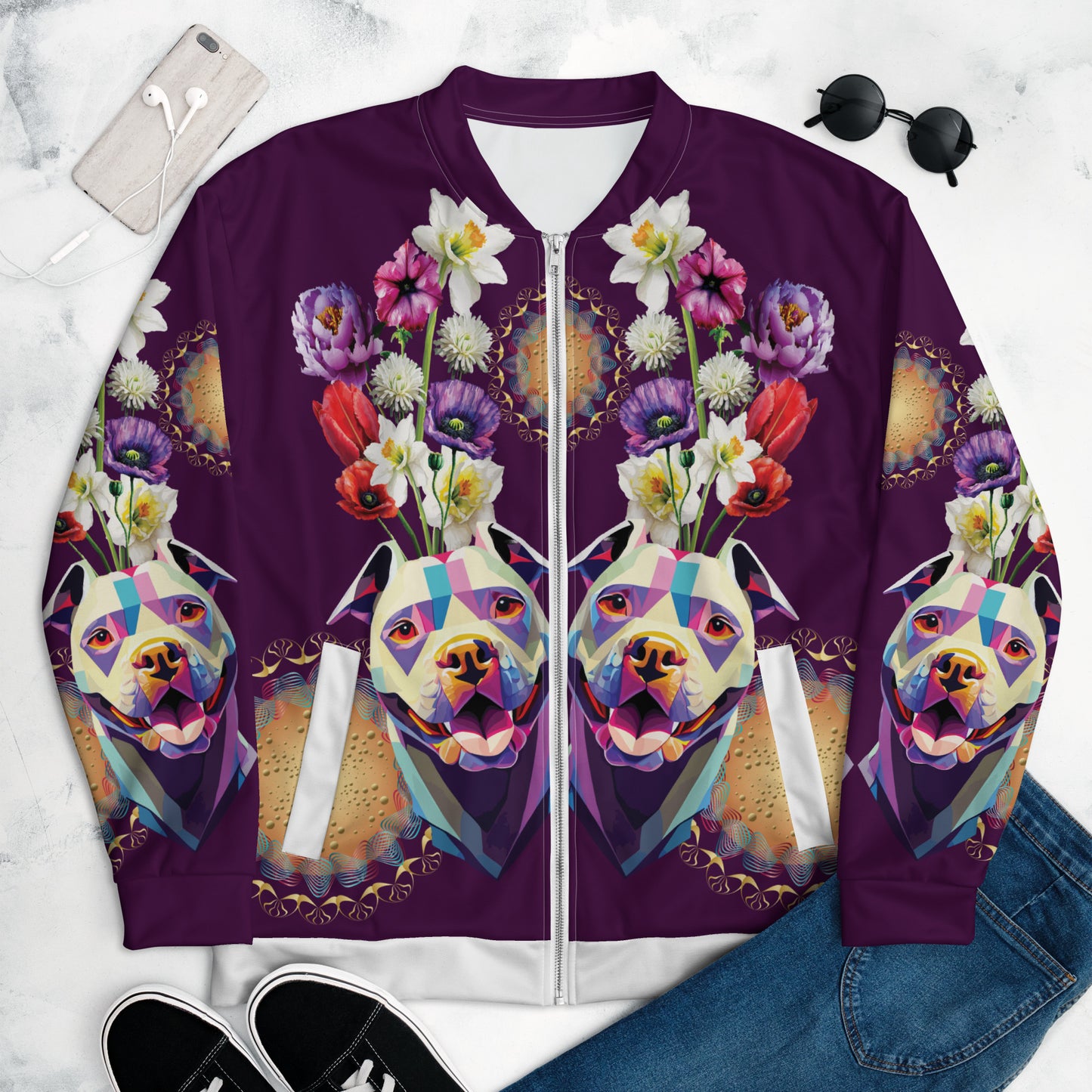 Unisex Bomber Jacket Kukloso Melange de fleur w/Dog No 3 - Free Shipping