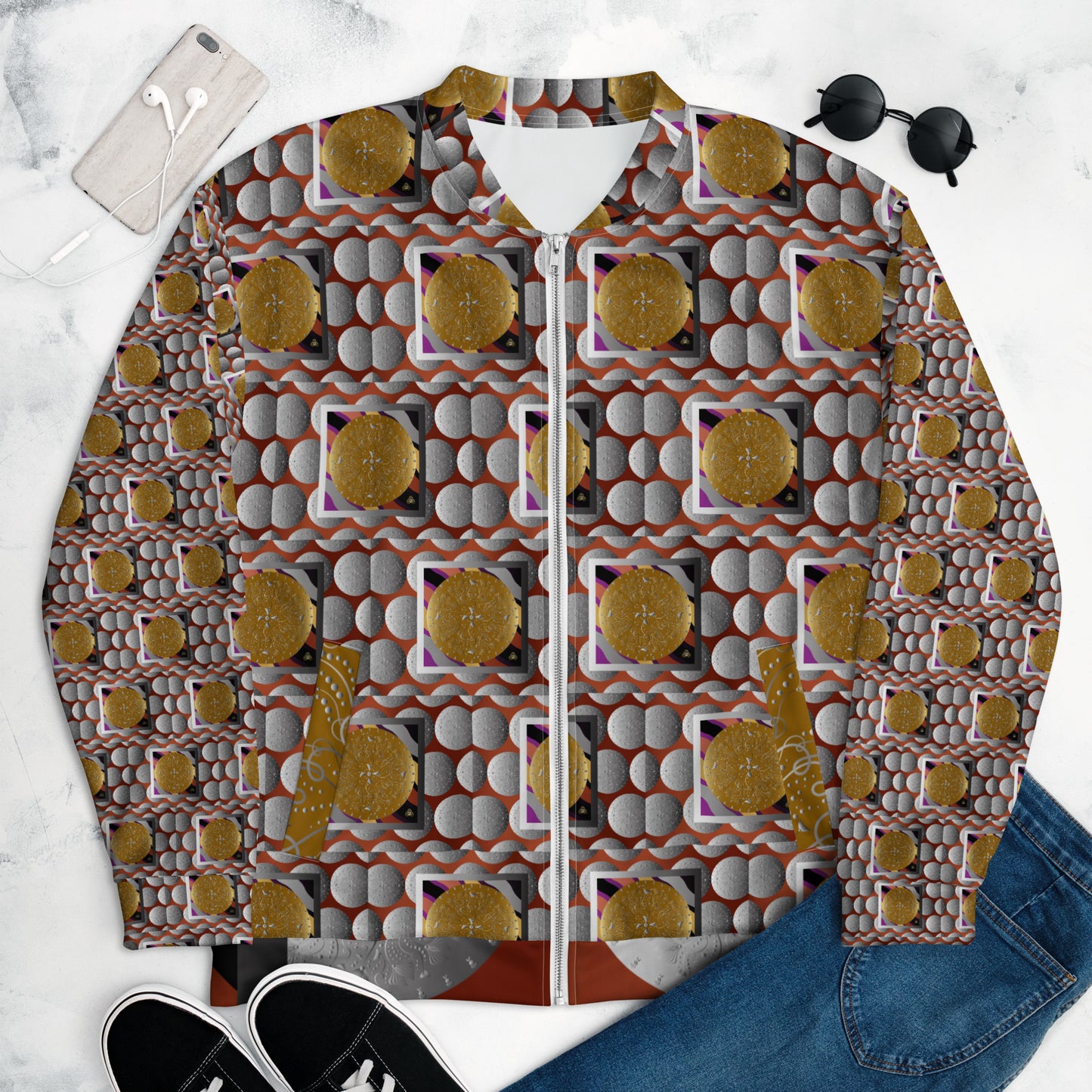 Unisex Bomber Jacket Kukloso Kuklos No 4387 Collage Pattern - Free Shipping
