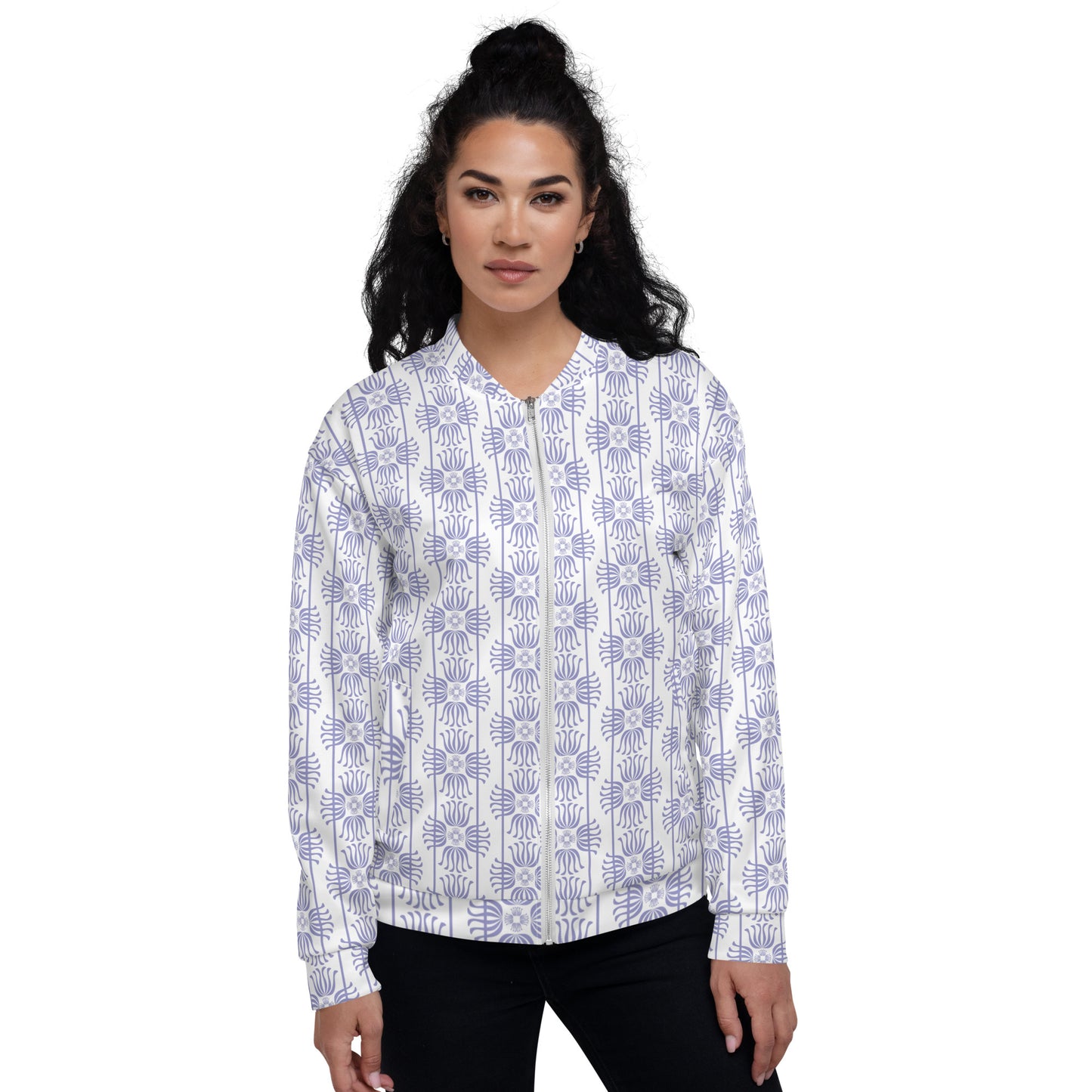 Unisex Bomber Jacket Kukloso Fleuron No 2 White Medium Pattern - Free Shipping