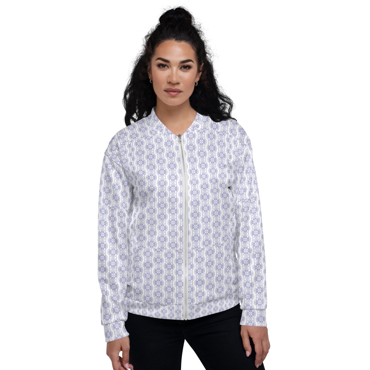 Unisex Bomber Jacket Kukloso Fleuron No 2 White Small Pattern - Free Shipping