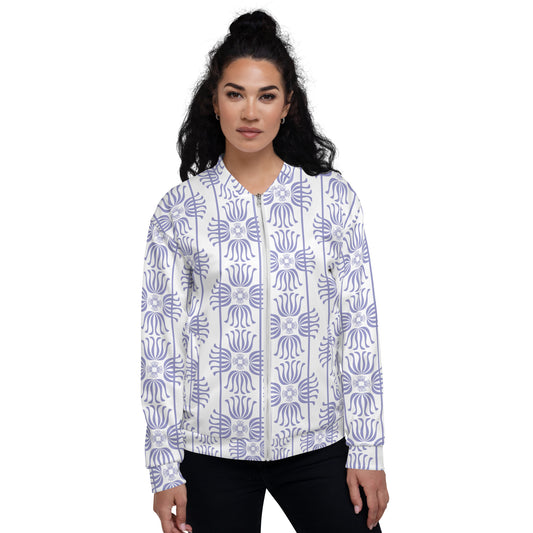 Unisex Bomber Jacket Kukloso Fleuron No 2 White Large Pattern - Free Shipping