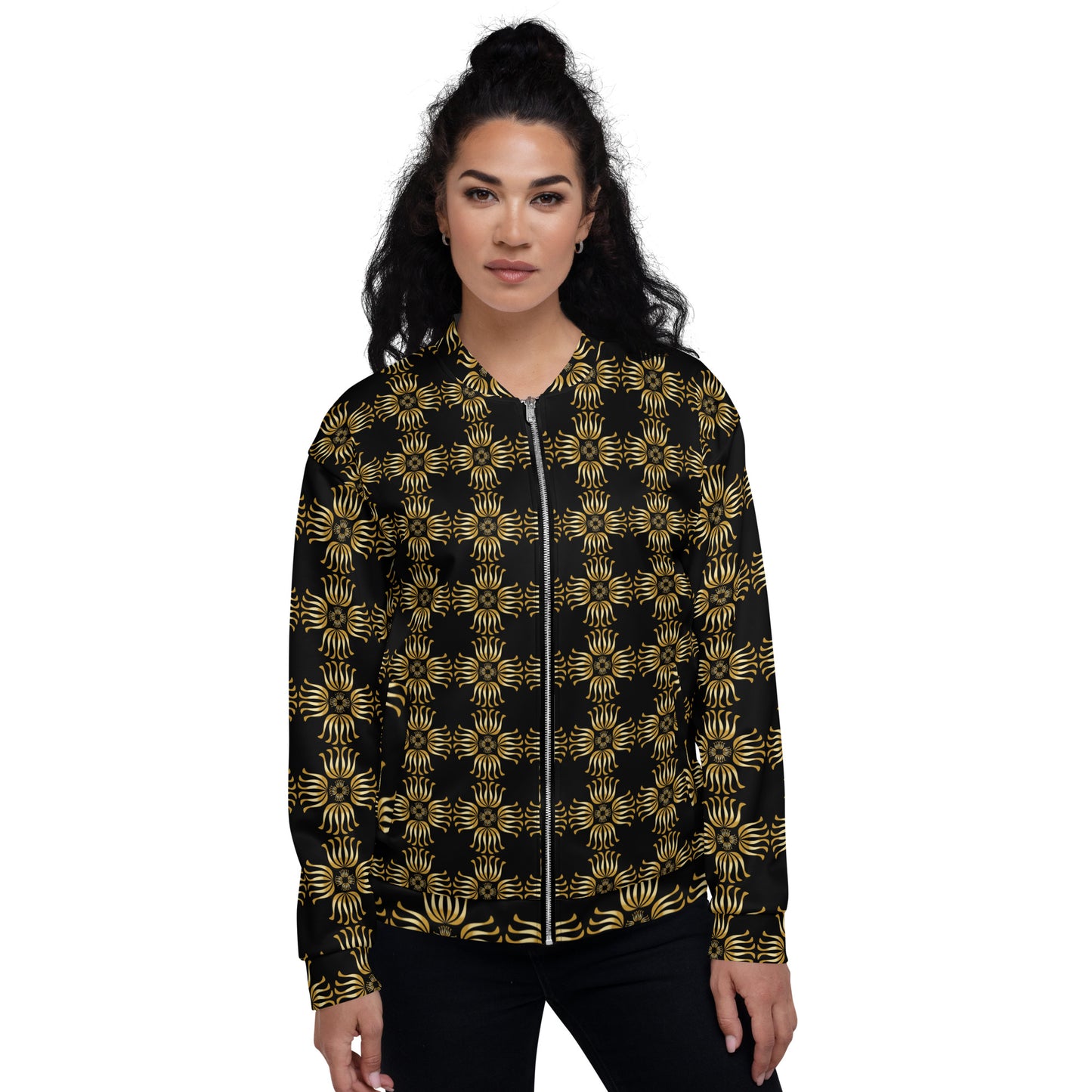 Unisex Bomber Jacket Kukloso Fleuron No 2 Black Medium Pattern - Free Shipping