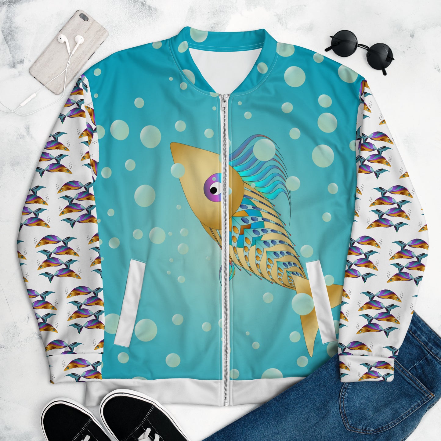 Unisex Bomber Jacket Kukloso MD Golden Fish Collage Pattern - Free Shipping