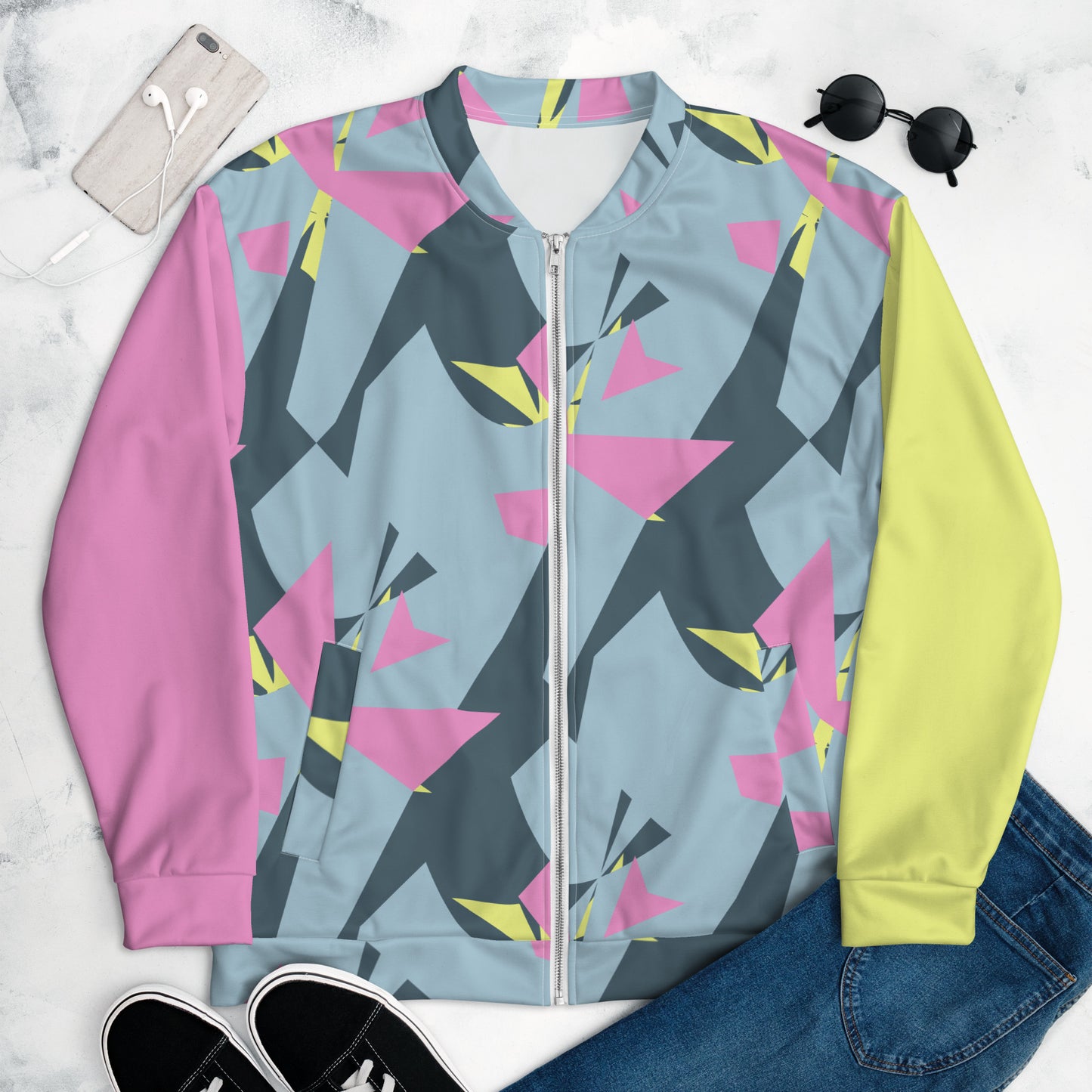 Unisex Bomber Jacket Kukloso Pink/Yellow Abstract Collage No 1 - Free Shipping