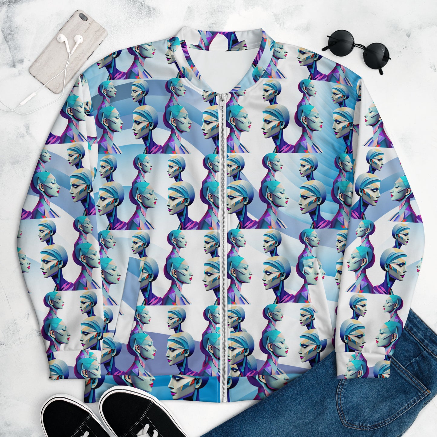 Unisex Bomber Jacket Kukloso Cubist Ladies In Purple No 4 - Free Shipping