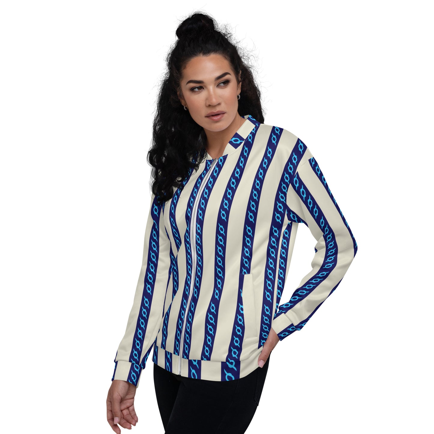 Unisex Bomber Jacket Kukloso Fleuron Stripe No 3 Navy/Cream - Free Shipping