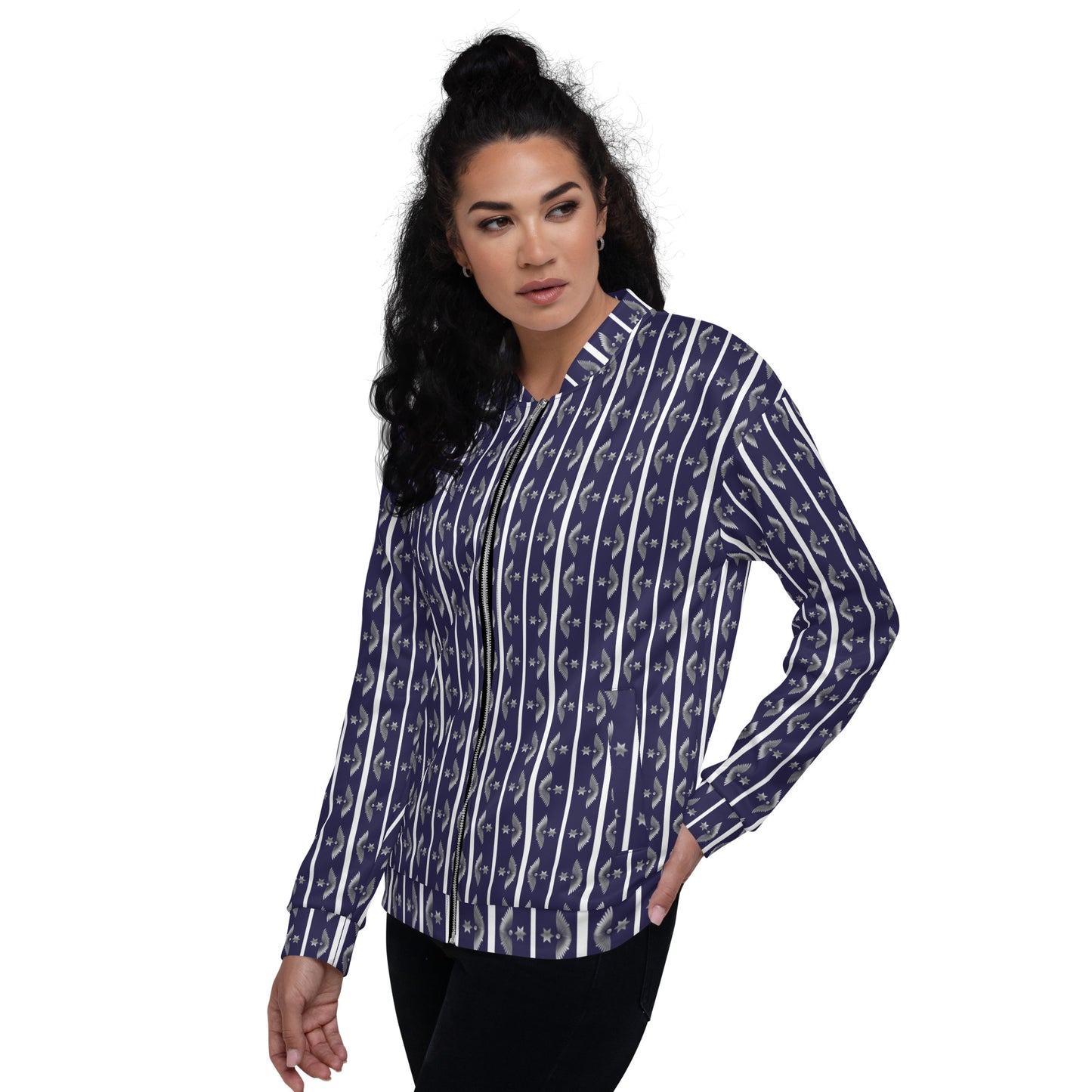 Unisex Bomber Jacket Kukloso Fleuron Stripe No 10 Silver/Navy - Free Shipping