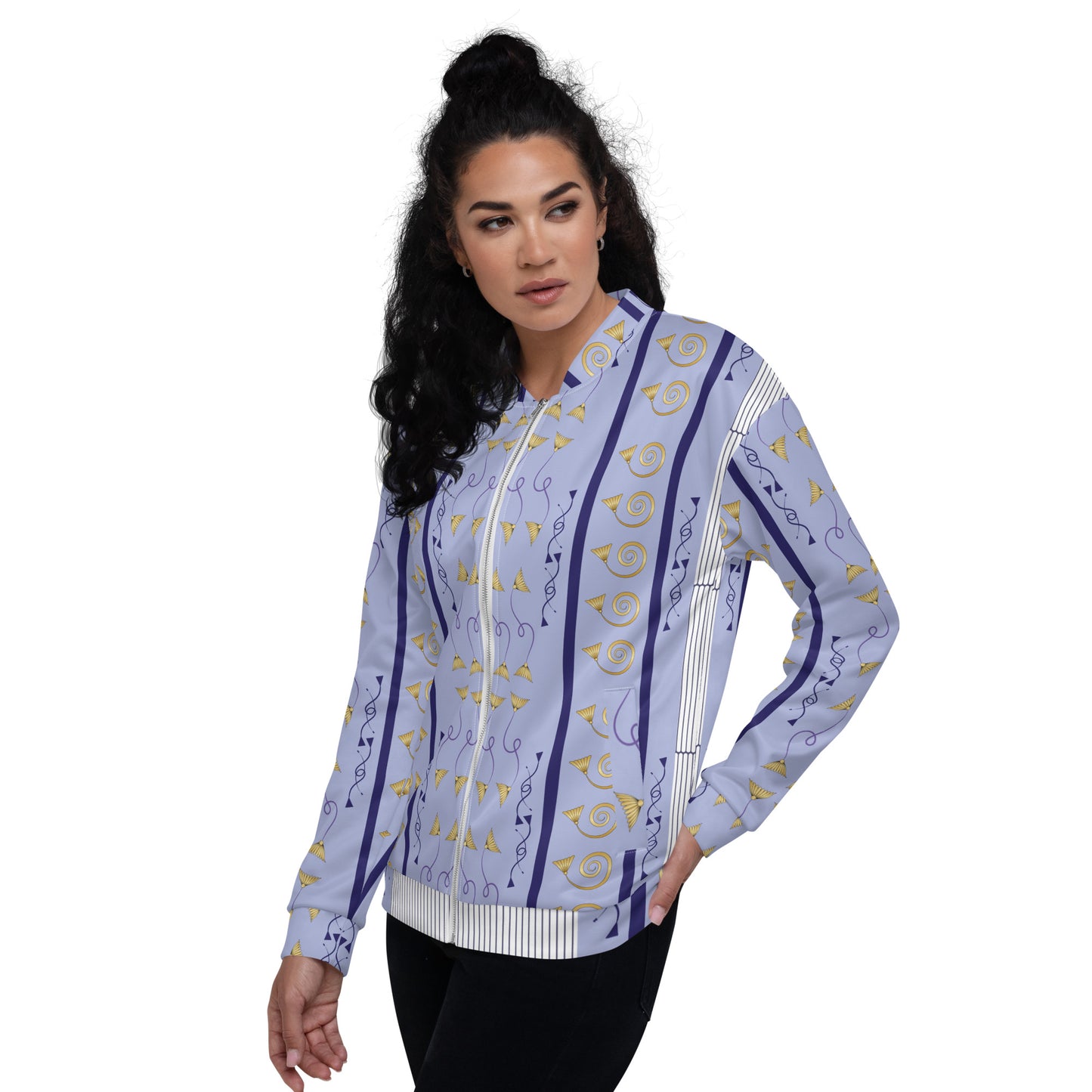 Unisex Bomber Jacket Kukloso Fleuron Stripe No 27 Gold/PaleBlue/Navy - Free Shipping