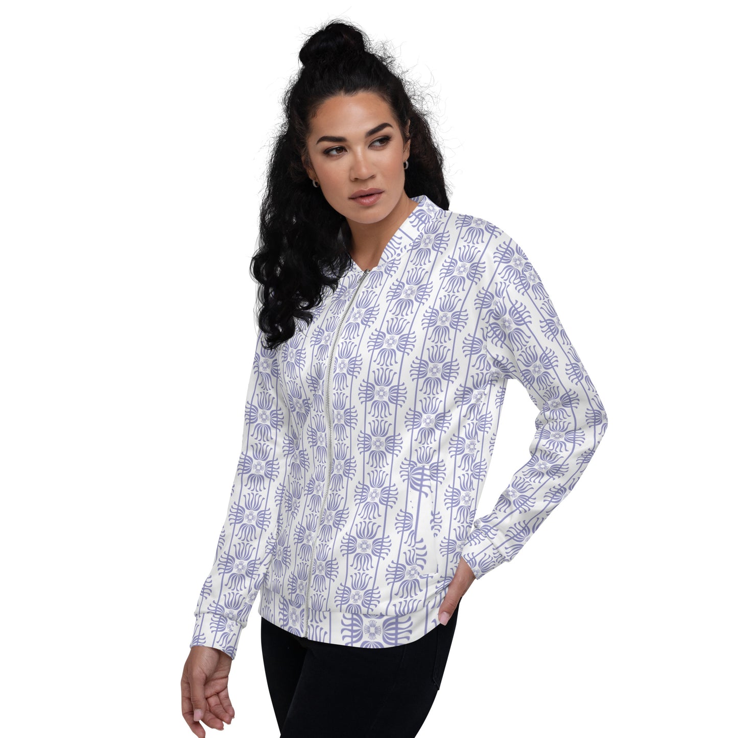 Unisex Bomber Jacket Kukloso Fleuron No 2 White Medium Pattern - Free Shipping