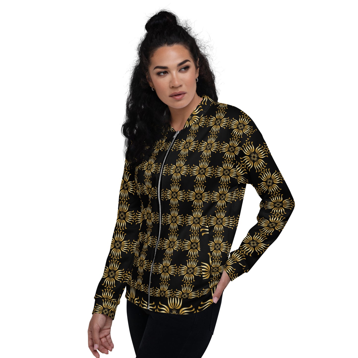 Unisex Bomber Jacket Kukloso Fleuron No 2 Black Medium Pattern - Free Shipping
