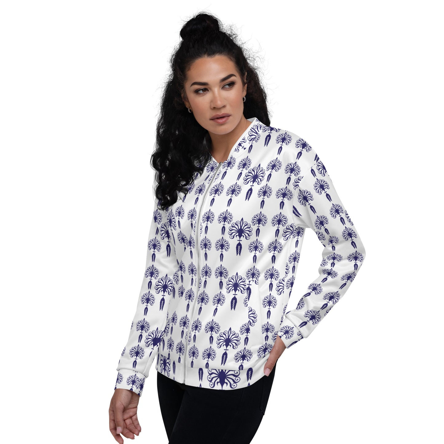 Unisex Bomber Jacket Kukloso Five Fleurons - Navy on White - Free Shipping