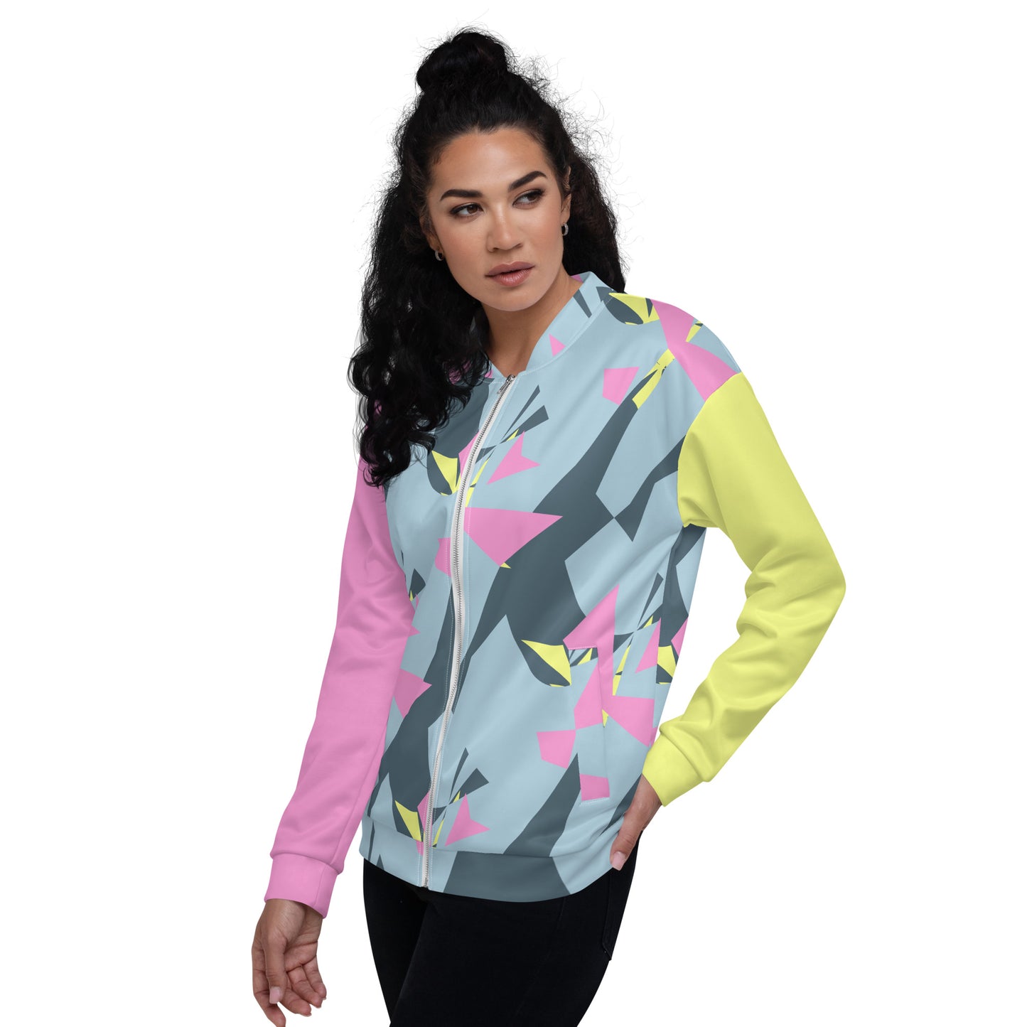 Unisex Bomber Jacket Kukloso Pink/Yellow Abstract Collage No 1 - Free Shipping