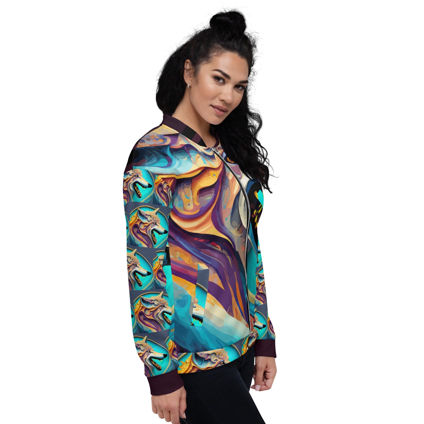 Unisex Bomber Jacket Kukloso Wolves in Liquid Color No 2 - Free Shipping