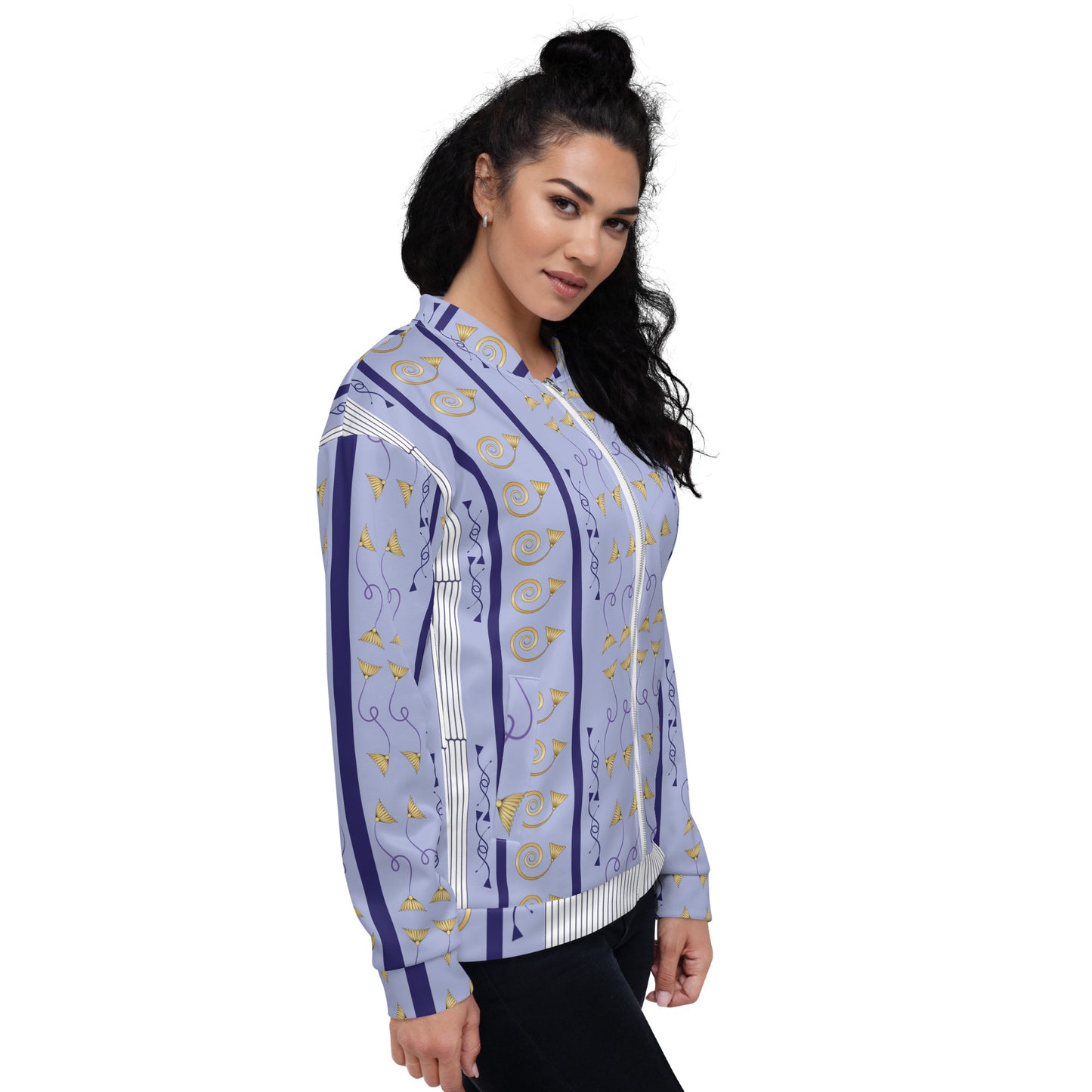 Unisex Bomber Jacket Kukloso Fleuron Stripe No 27 Gold/PaleBlue/Navy - Free Shipping