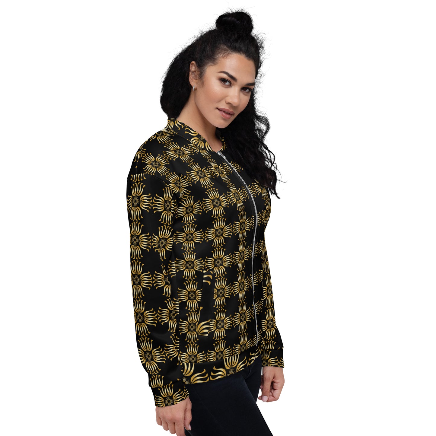 Unisex Bomber Jacket Kukloso Fleuron No 2 Black Medium Pattern - Free Shipping