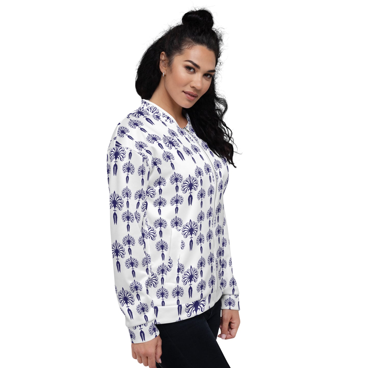 Unisex Bomber Jacket Kukloso Five Fleurons - Navy on White - Free Shipping