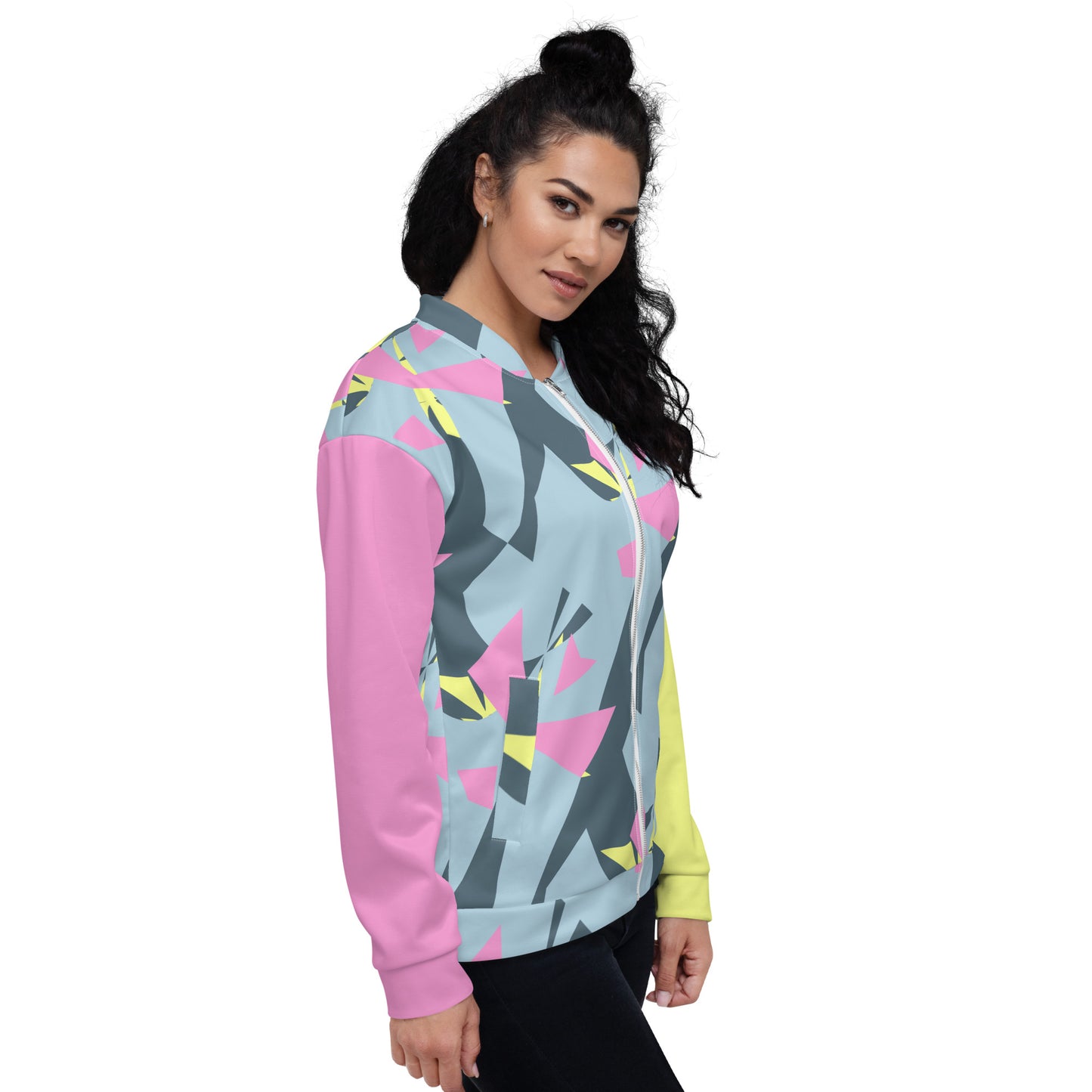 Unisex Bomber Jacket Kukloso Pink/Yellow Abstract Collage No 1 - Free Shipping